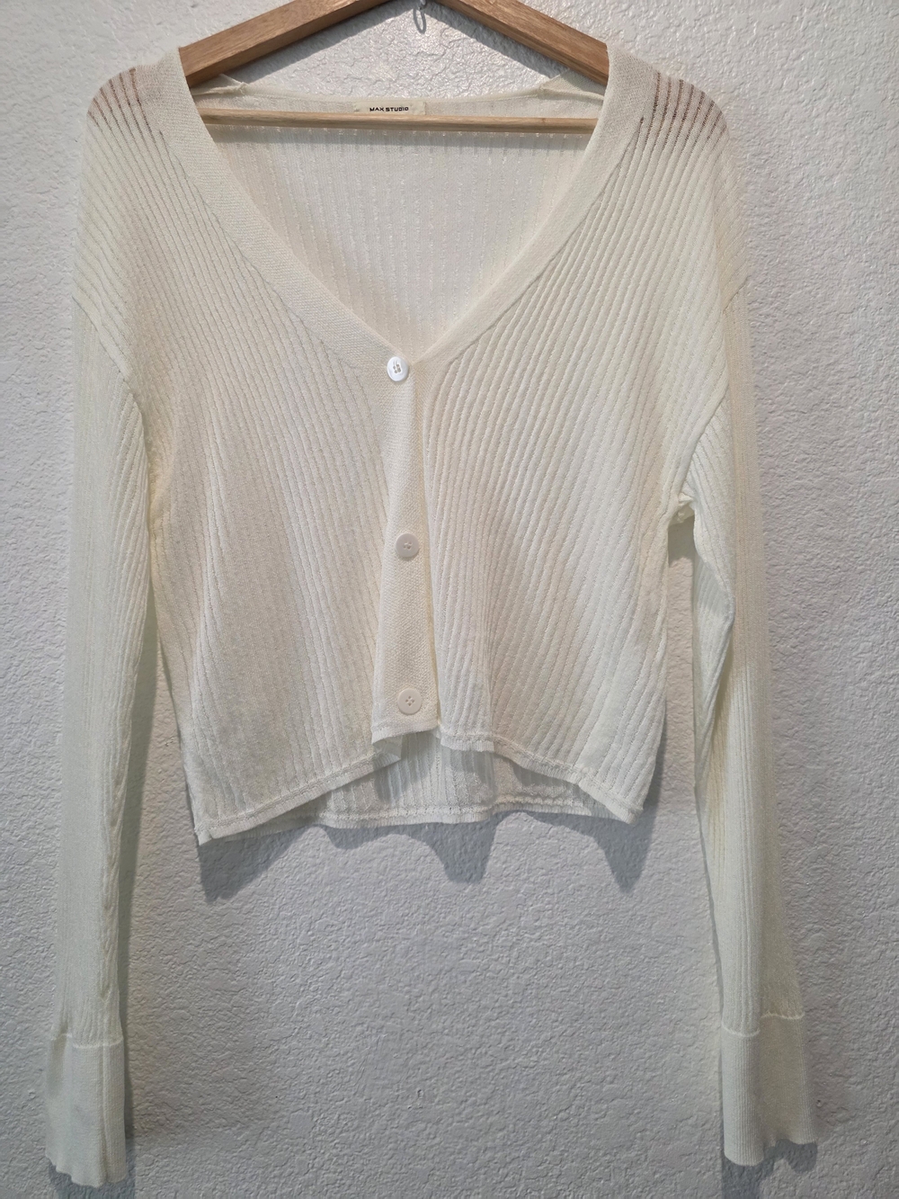 Max Studio Cream V-Neck Ribbed Button-Front Sweater - Picture 2 of 11